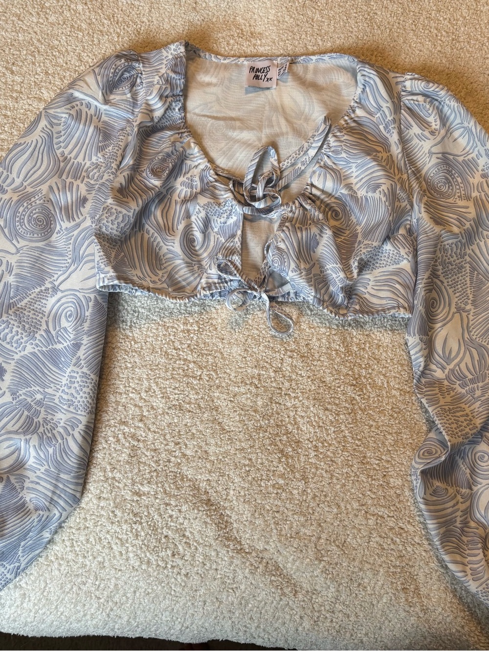 Princess Polly Blue and White Printed Tie-Front Crop Top